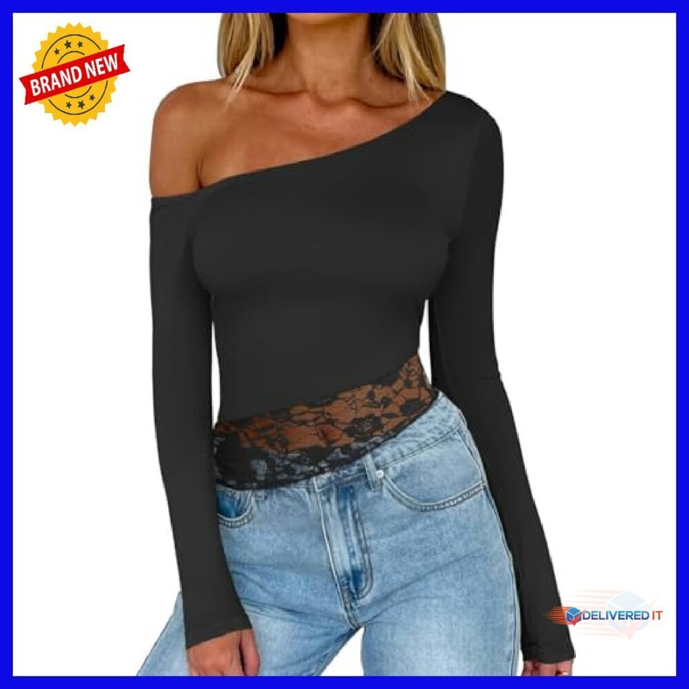 Long Sleeve Crop Top Double Lined Lace Off Shoulder Y2k Trendy - Picture 2 of 8